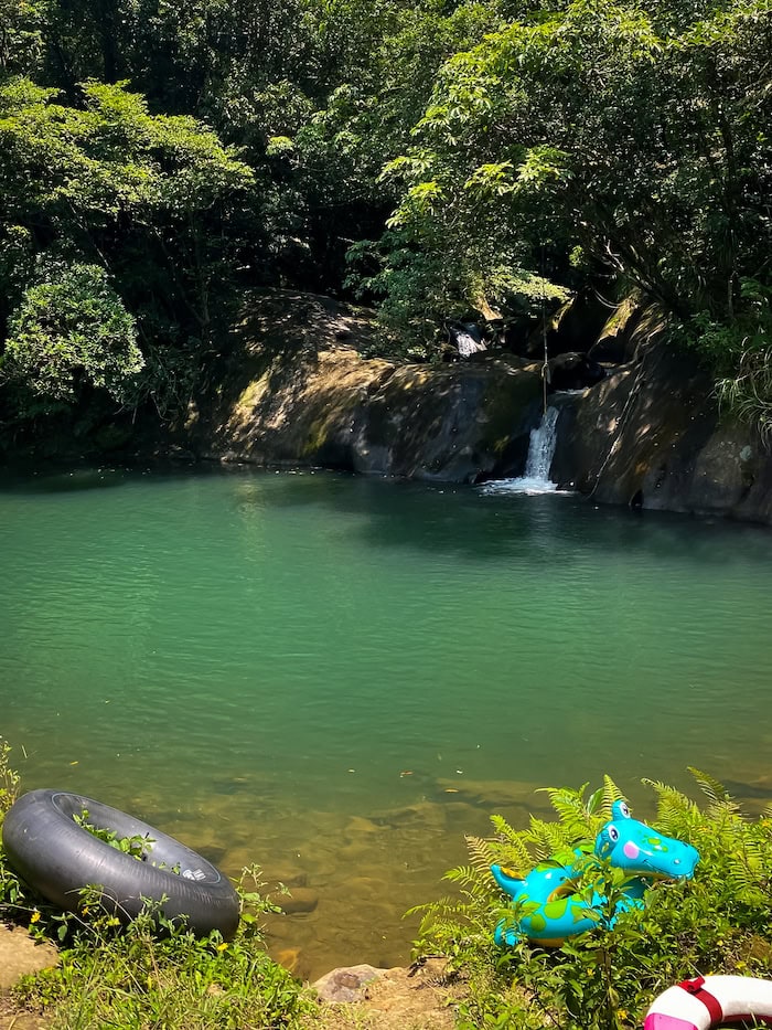 Water safety tubes and tools on the banks of Huiyao Waterfall in Taiwan